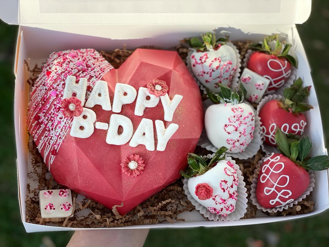 Happy birthday box with chocolate strawberries and geometric heart